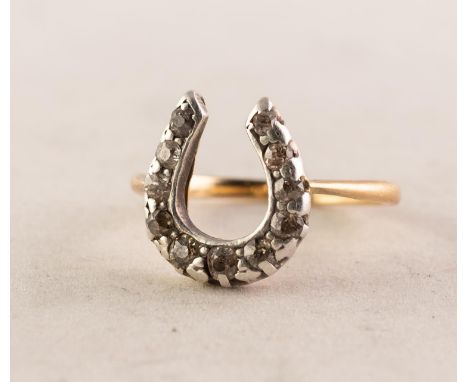 VICTORIAN GOLD COLOURED METAL RING, the horseshoe shaped top set with eleven old cut small diamonds, 3 gms, ring size O 