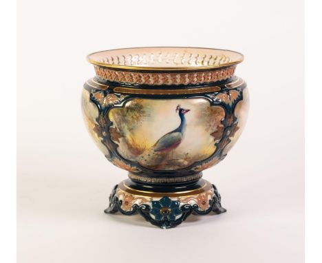 HADLEY?S WORCESTER HAND PAINTED CHINA PEDESTAL BOWL, with pierced border and moulded base, well painted with panels depicting