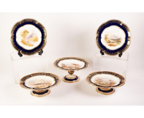 TWELVE PIECE LATE NINETEENTH CENTURY COALPORT SALOPIAN CHINA HAND PAINTED DESSERT SERVICE FOR NINE PERSONS, comprising: HIGH 