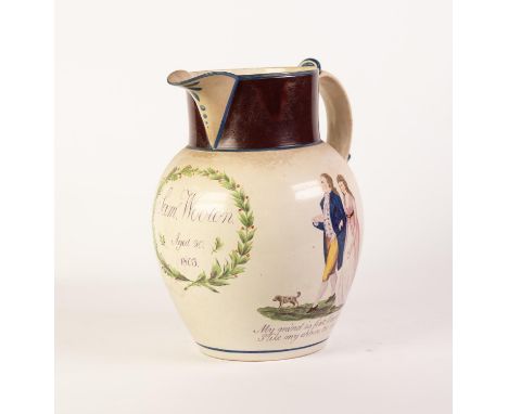 A RARE EARLY 1800's PROBABLY DEVONSHIRE MADE DOCUMENTARY EARTHENWARE JUG, the ovoid body inscribed beneath the spout 'Sam'l W