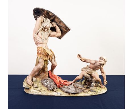 IMPRESSIVE MODERN CAPO DI MONTE CHINA AND SILVERED METAL GROUP OF DAVID AND GOLIATH, SIGNED TIZIANO GALLI, modelled with Goli