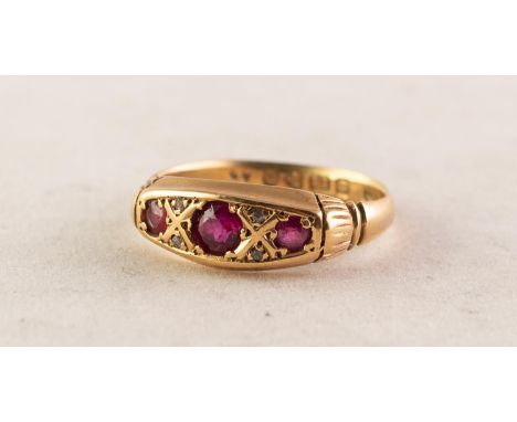 GEORGE V 18ct GOLD RING gypsy set with three rubies and two pairs of tiny rose diamonds, Chester 1914, 3.1 gms, ring size K/L