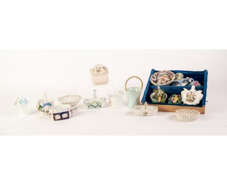 ROYAL WORCESTER BLUSH CHINA MINIATURE BASKET, together with FIVE OTHERS, in a blue plush lined and glazed frame, together wit