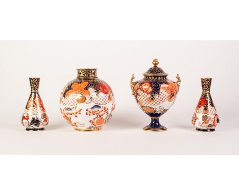 FOUR PIECES OF ROYAL CROWN DERBY JAPAN PATTERN CHINA VASES, pattern no: 2444, comprising: TWO HANDLED PEDESTAL VASE AND COVER