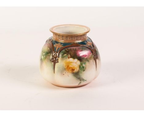 HADLEY?S WORCESTER HAND PAINTED CHINA POT POURRI VASE, of lobated, squat form, decorated with yellow and pink roses beneath a