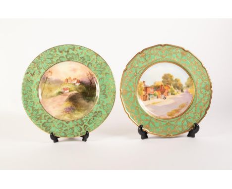 TWO ROYAL DOULTON SIGNED AND HAND PAINTED CHINA CABINET PLATES WITH GREEN AND GILT BORDERS, one by A. HOLDCROFT, ?Portchester