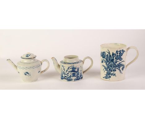 LATE 18th CENTURY CAUGHLEY PORCELAIN CYLINDRICAL MUG, transfer printed with flowers in underglaze blue, the cobalt oxide run 
