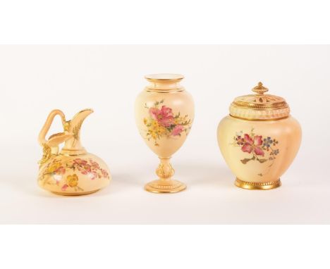 THREE PIECES OF LATE NINETEENTH CENTURY AND LATER ROYAL WORCESTER FLORAL PAINTED BLUSH IVORY CHINA, comprising: POT POURRI VA