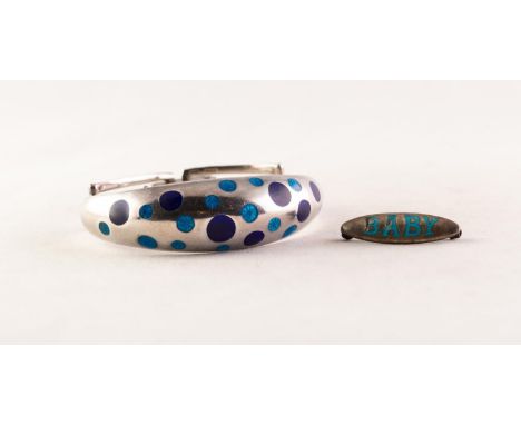 SILVER BANGLE, the broad domed top having blue and purple enamelled dot pattern, 1 oz; a small silver and pale blue enamelled