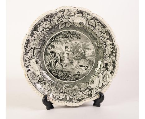 A CIRCA 1825-30 LIVERPOOL, HERCULANEUM POTTERY PLATE, transfer printed in black with a subject from 'Field Sports' within a f