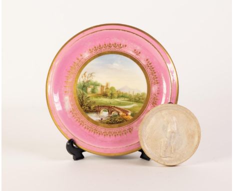 NINETEENTH CENTURY HAND PAINTED CHINA TEAPOT STAND, decorated with a view of ?Haddon Hall, Derbyshire?, within a gilt and pin