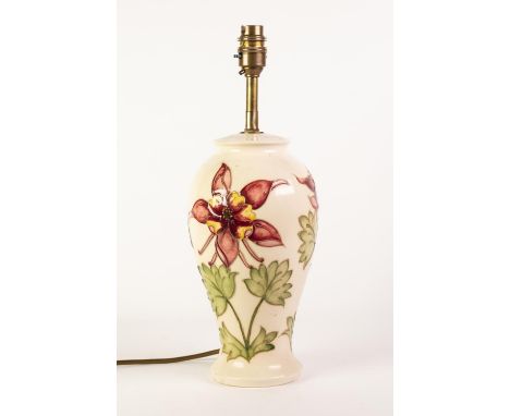 MODERN MOORCROFT POTTERY INVERTED BALUSTER SHAPE ELECTRIC TABLE LAMP, tube lined on a cream ground with orchids, 15 1/2in (39