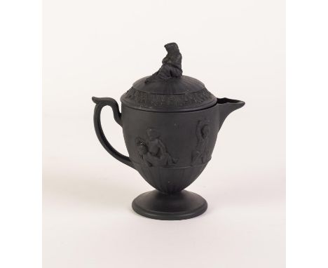 LATE EIGHTEENTH CENTURY WEDGWOOD BLACK BASALT PEDESTAL LIDDED CREAM JUG, with scroll handle and widow finial, moulded with ba