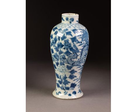 NINETEENTH CENTURY CHINESE BLUE AND WHITE PORCELAIN VASE, of slender ovoid form with short cylindrical neck, painted with dra