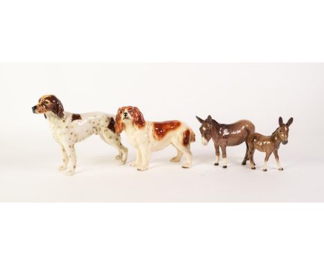 W. GOEBEL (WEST GERMANY) PORCELAIN MODEL RETRIEVER OR SETTER, also an unmarked MODEL SPANIEL and BESWICK DONKEYS mare and foa