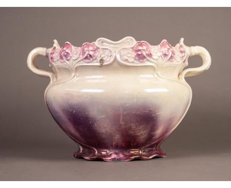 LATE NINETEENTH CENTURY FRANZ ANT MEHLEM, GERMAN ART NOUVEAU TWO HANDLED LUSTRE GLAZED POTTERY JARDINIÈRE, of typical form wi
