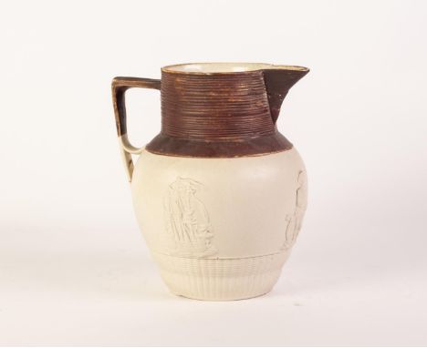 AN&nbsp; EARLY 1800's POSSIBLY&nbsp;&nbsp;HERCULANEUM POTTERY, LIVERPOOL EARTHENWARE JUG, the unglazed cream colour body spri