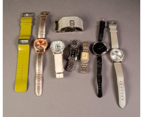 OASIS B362 QUARTZ STAINLESS STEEL BANGLE WATCH, the wide top set with thirteen rows of tiny paste stones and inset tiny recta