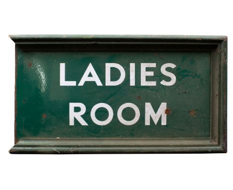 A Southern Railway wooden framed double sided enamel station sign 'Ladies Room', overall size 67 x 35cm, (some light rusting)