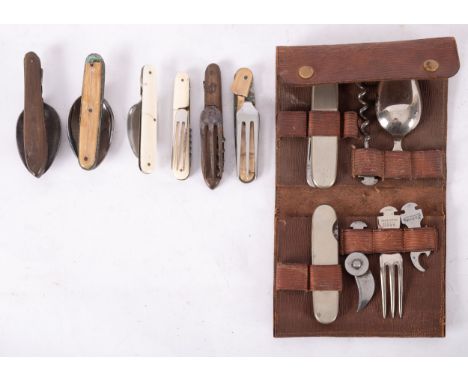 An early 20th century German multi-tool set, by Bonsa, comprising pocket knife, corkscrew, spoon, fork, and arrangement of bl