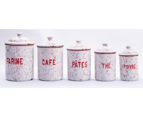 A Collection of five French enamel storage jars and lids, (5)