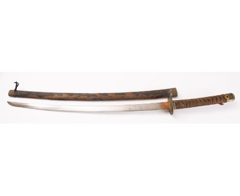 A late 19th/early 20th century katana, the single edge bade with copper habaki over an oval iron tsuba, with cord bound same 