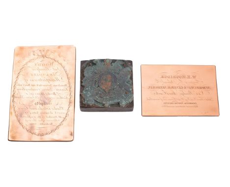 Two 19th century copper printing plates, one for 'Wood's at Bradford, Yorkshire, Manufactures', 12.5 x 8cm , the other for 'W