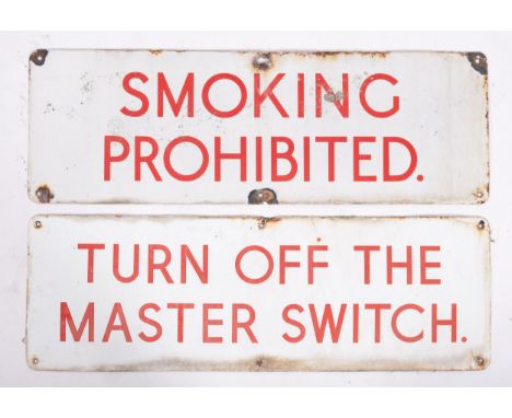 Lynton Post Office. Two enamel signs 'Smoking prohibited' and 'Turn Off The Master Switch, both 30.5 x 91cm. (2) *Notes- Thes