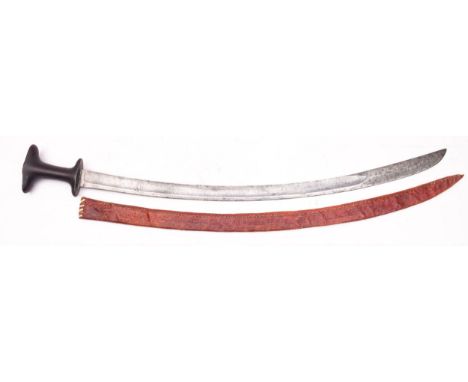 A late 18th/ early 19th century Ethiopian Shotel, with  Spanish sabre, curved single edged fullered blade, inscribed  'No Me 