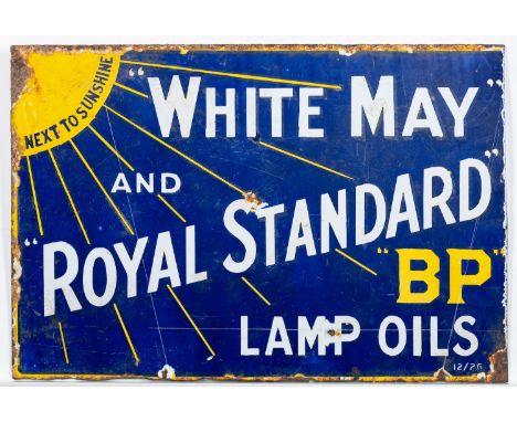 An enamel BP sign- White May and Royal standard lamp oils, 30.5x 45cm. 