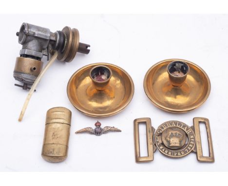 A Royal Marines waist belt clasp, together with RAF sweetheart brooch, brass lighter, a pair of bun candlesticks, and a Frog 