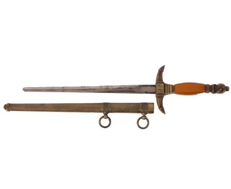 A Russian Naval dirk, the straight double edge blade  over a brass anchor hilt  engraved 'C.P'  with two piece resin grip and