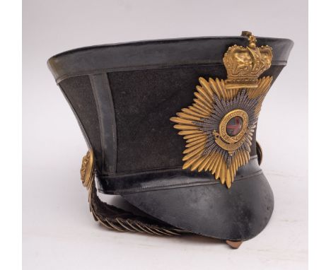 A Victorian Nottingham Regiment Officer's bell top shako, circa 1840s, maker Moore, London, the black leather circular dish s