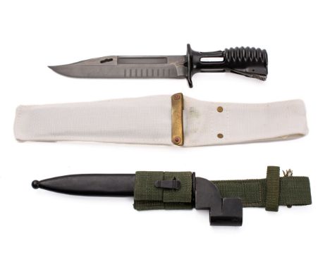 British Bayonet for the SA80 in parade scabbard and a South Africa No 9 bayonet with a steel scabbard and green frog, (2). 