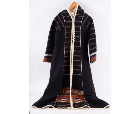 Susan Spooner, Stithians, Cornwall. A hand woven wool and cotton tapestry hooded overcoat with white silk lining. decorated w