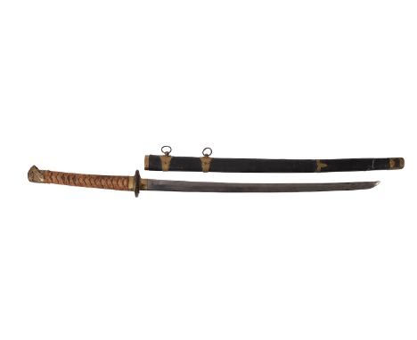 A  reproduction Katana, the single edge blade over an iron tsuba with brass fittings and cord bound fish skin grip, in a bras