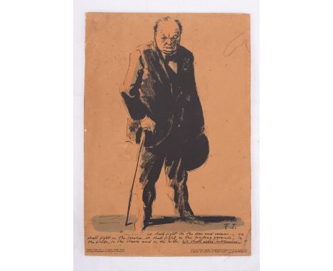 After Feliks Topolski (Polish 1907-1989)A lithograph full length portrait of Winston Churchill with hat and cane over text fr