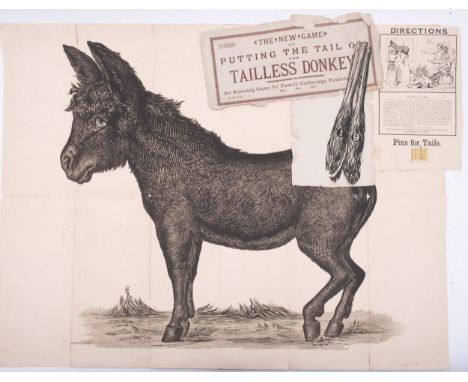 A late 19th century  game ' 'The New Game of Putting The Tail on The Tailless Donkey', lithograph printed donkey and twelve t