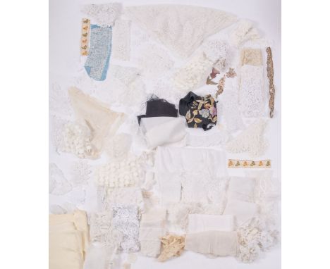 A box of hand-worked lace lengths including two bobbin wedding veils, a Honiton lace shoulder shawl, two handkerchiefs, and v