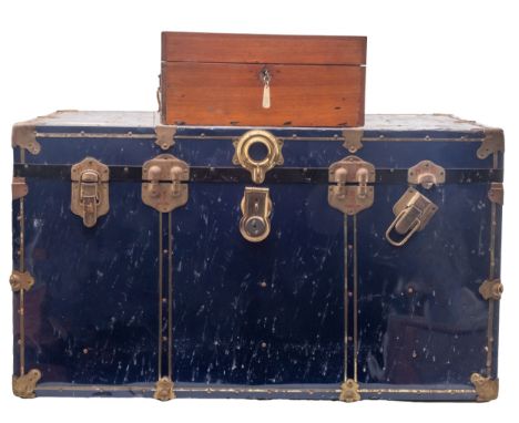 A large blue travelling trunk, and a mahogany artist box (2) 