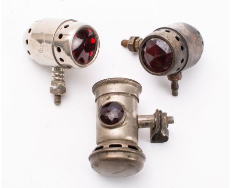 Two Westwood Patent acetylene motorcycle rear lights, both stamped as per title (one missing burner), together with a Rival m