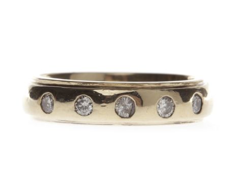 NINE CARAT GOLD DIAMOND SET BANDwith five countersunk diamonds, the band 4.6mm wide, size M, 5.5g