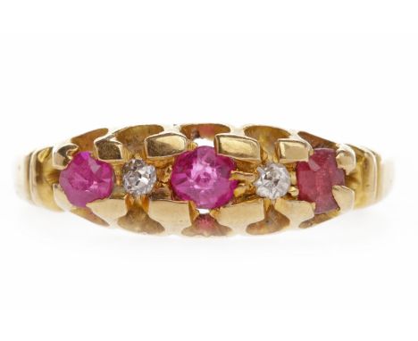 VICTORIAN CREATED RUBY AND DIAMOND RINGset with three round graduated created rubies interspaced by diamonds, pierced gallery