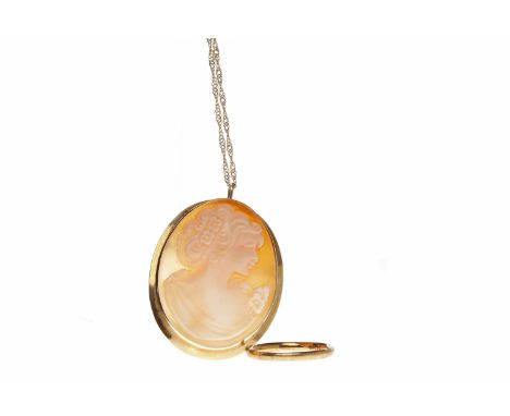 NINE CARAT GOLD CAMEO STYLE PENDANTwith brooch pin to the reverse, in a nine carat gold mount, on a nine carat gold chain; al
