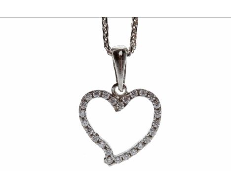 EIGHTEEN CARAT WHITE GOLD GEM SET PENDANTin the form of an open heart, 12mm wide and set with round white gems, on an eightee