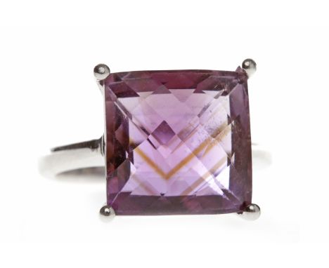 EIGHTEEN CARAT WHITE GOLD AMETHYST DRESS RINGset with a large square amethyst 12.3mm wide, size L, 7.8g