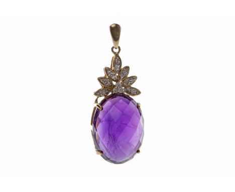 NINE CARAT GOLD AMETHYST PENDANTset with a large oval amethyst 18mm long below a sunburst of round diamonds, 5.8g