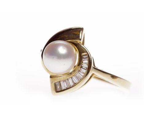 FOURTEEN CARAT GOLD PEARL AND DIAMOND RINGthe spherical pearl 7.5mm in diameter, set to a curved bezel, one half set with bag