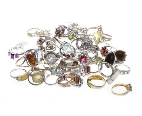 LOT OF FIFTY SILVER GEM SET RINGSincluding mystic topaz and amethyst examples, 200g gross
