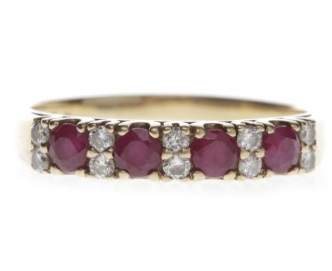 NINE CARAT GOLD RUBY AND DIAMOND RINGset with four round rubies each approximately 3.4mm diameter and interspaced by pairs of